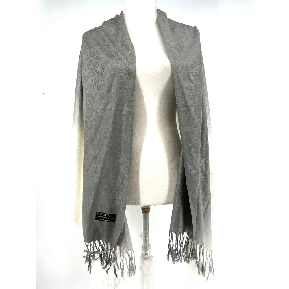 TUCCI Cashmere Seta Blend‎ Scarf Shawl Ombre Gray White Fringed Made in Italy